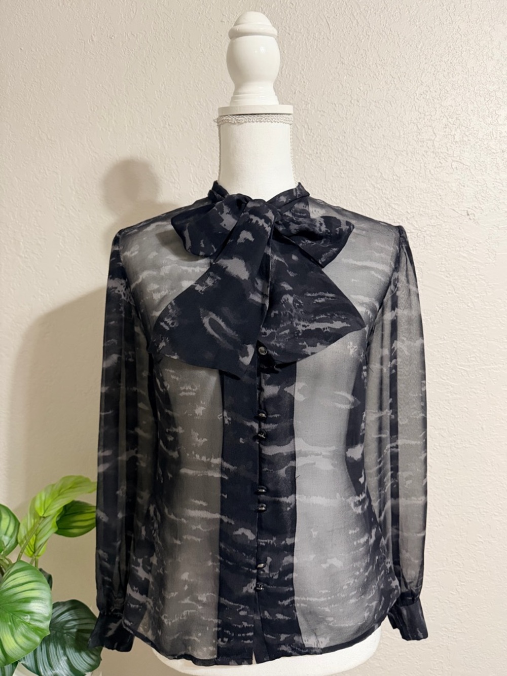 ANTONIO MELANI Sheer Black Tie-Neck Blouse with Abstract Tonal Print